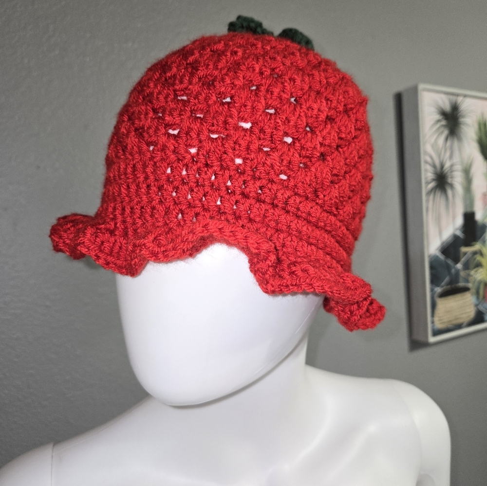 Handmade Girls Strawberry Crochet Bucket Hat Size Small